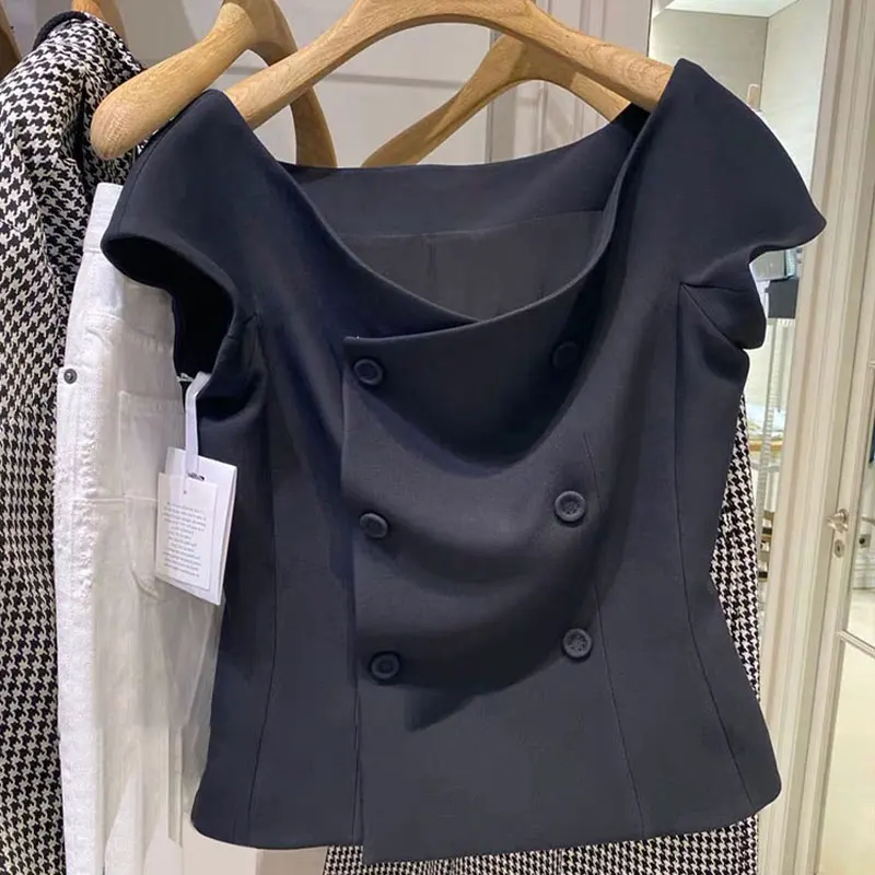 Womans Summer French Double-Breasted Sleeveless Jacket with Bateau Collar Waist Slimming and High-End Short-Sleeve V-Neck Vest