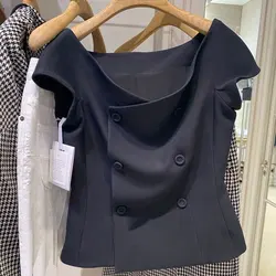 Womans Summer French Double-Breasted Sleeveless Jacket with Bateau Collar Waist Slimming and High-End Short-Sleeve V-Neck Vest