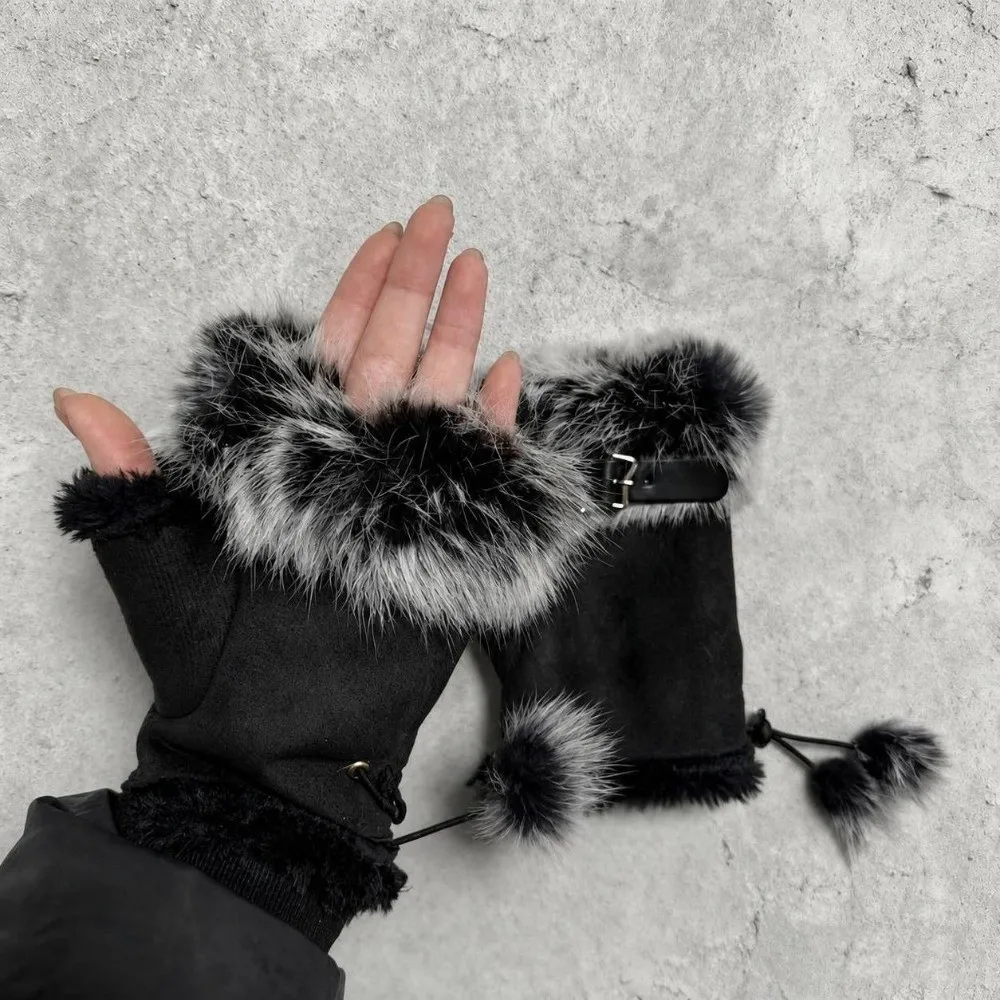 Faux Fur Lining Fingerless Gloves Leopard Print Suede Half Finger Gloves Winter Warm Windproof Y2K Mittens Christmas Gift