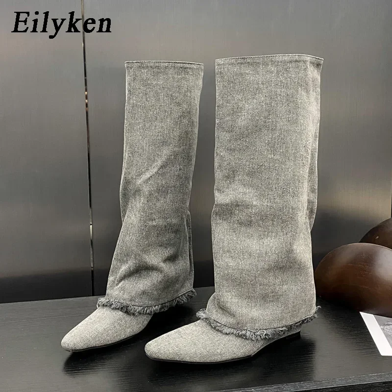Eilyken Autumn Winter Pointed Toe Women Knee-High Boots Design Wedges Heels Long Booties Shoes Street Style Zapatos Mujer
