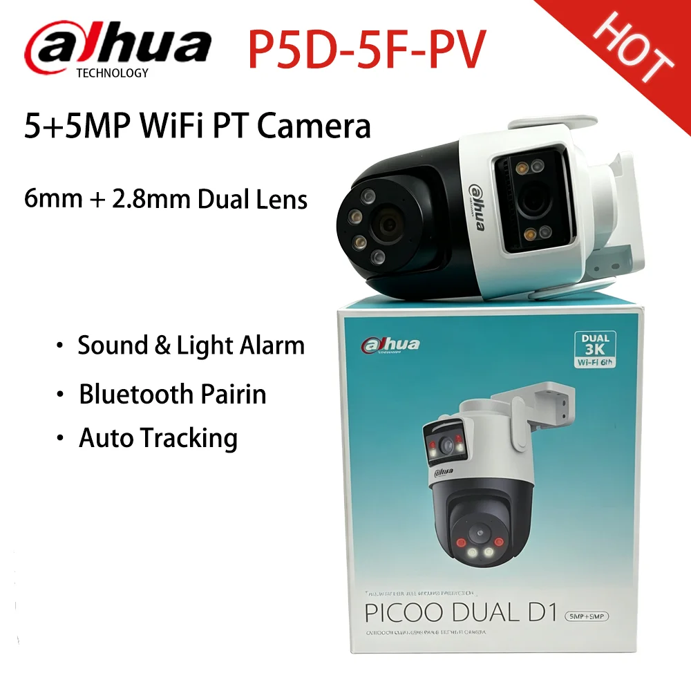 Dahua P5D-5F-P 5+5MP 3K Smart Home WiFi PT Camera 2.8mm+6mm Dual Lens Vision Ai Detection Auto Tracking Sound &  Light Alarm