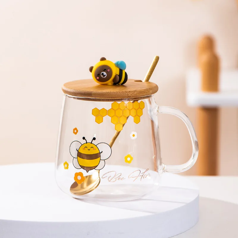 Bee Cartoon Glass Spoon Milk Cup Breakfast Cup New Year Mugs Coffee Cups Mug Beautiful Tea Mugs Mug With Lid Drinkware Original