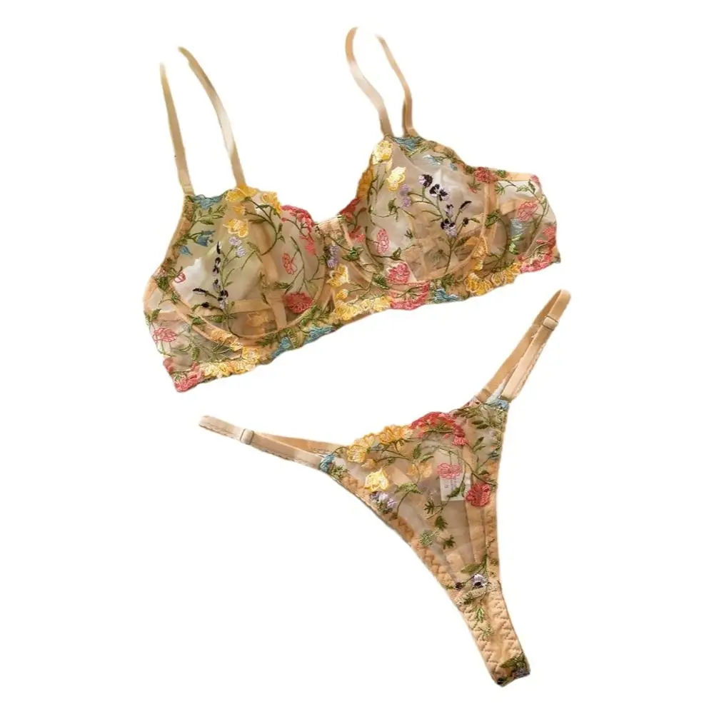 2-Piece Versatile Floral Lingerie Set Embroidery Sheer Boho Bra Panty Set Women Underwear