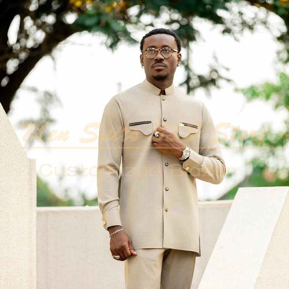 

Safari Men's Suits Luxury Bespoke Single Breasted Stand Lapel Blazer Formal 2 Piece Jacket Pants Business Blazer Outwear