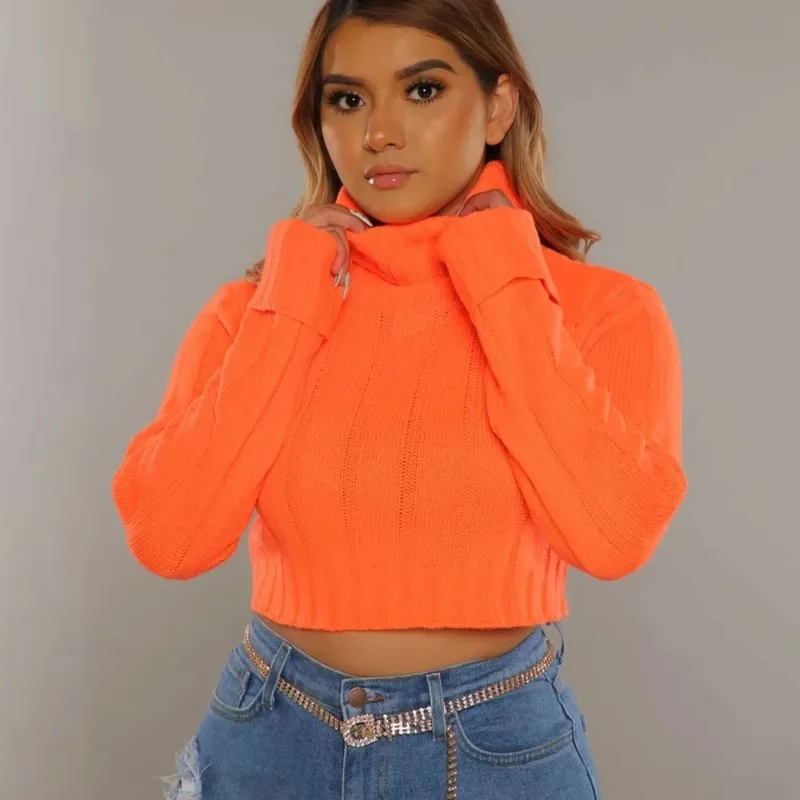 Neon Orange Pink Turtleneck Crop Sweater Women 2023 Autumn Winter Clothes Rose Red Knitted Pullover Solid Color Sweater Tops