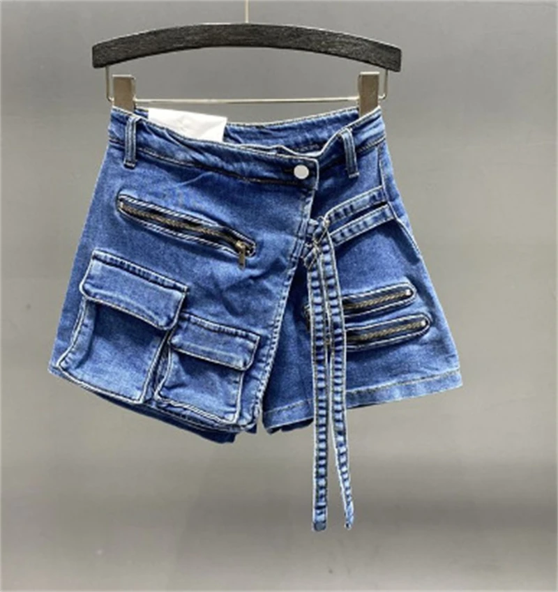 Koreaanse Stijl Onregelmatige Multi-Pocket Tooling A-Line Shorts Dames Losse Wijde Pijpen Broek Lente En Zomer Nieuwe Aankomst Denim