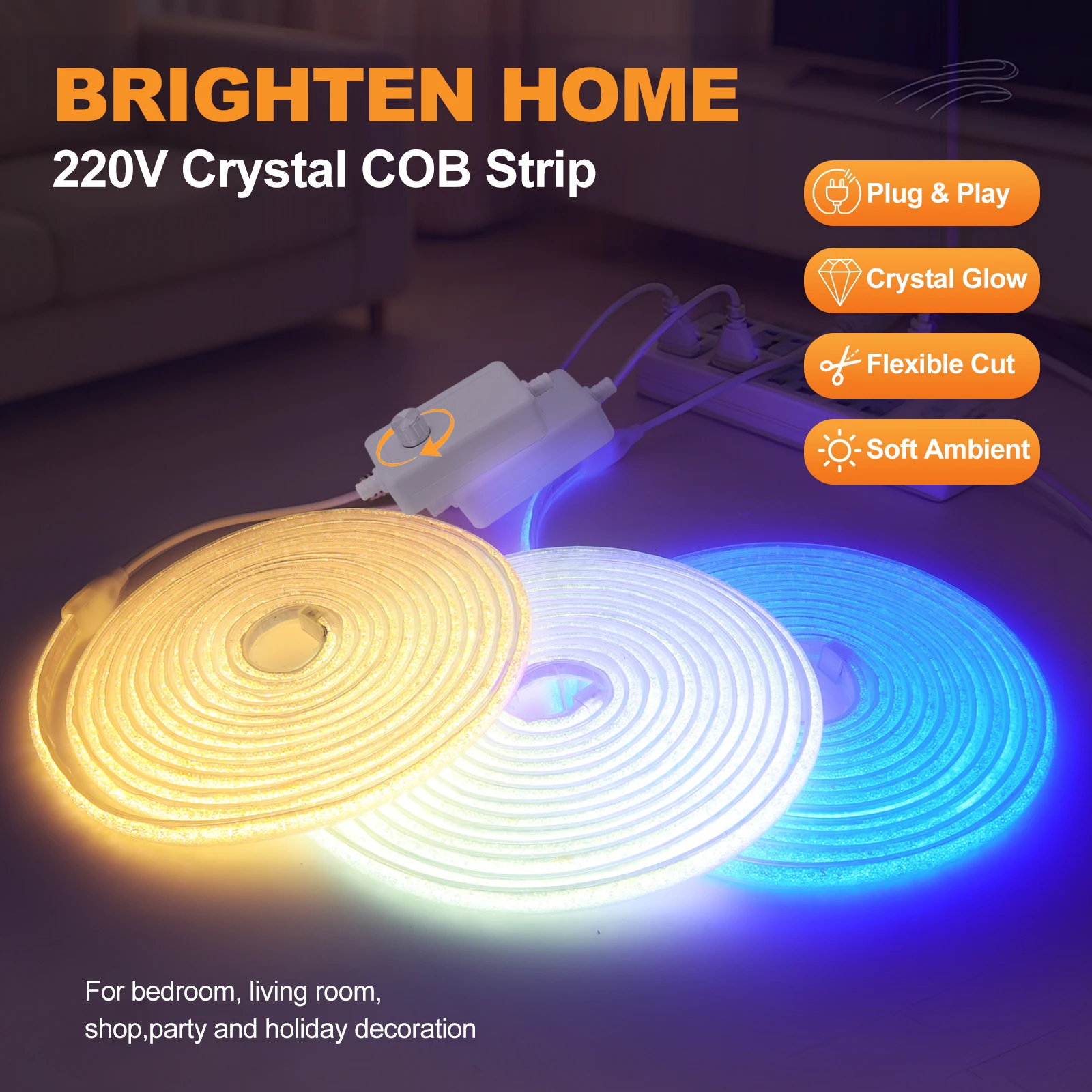 220V Dimmable Switch Crystal COB LED Neon Strip 288LEDs/M White Warm Blue Flex Ribbon Lamp Party Christmas Wedding Decor 1M-35M