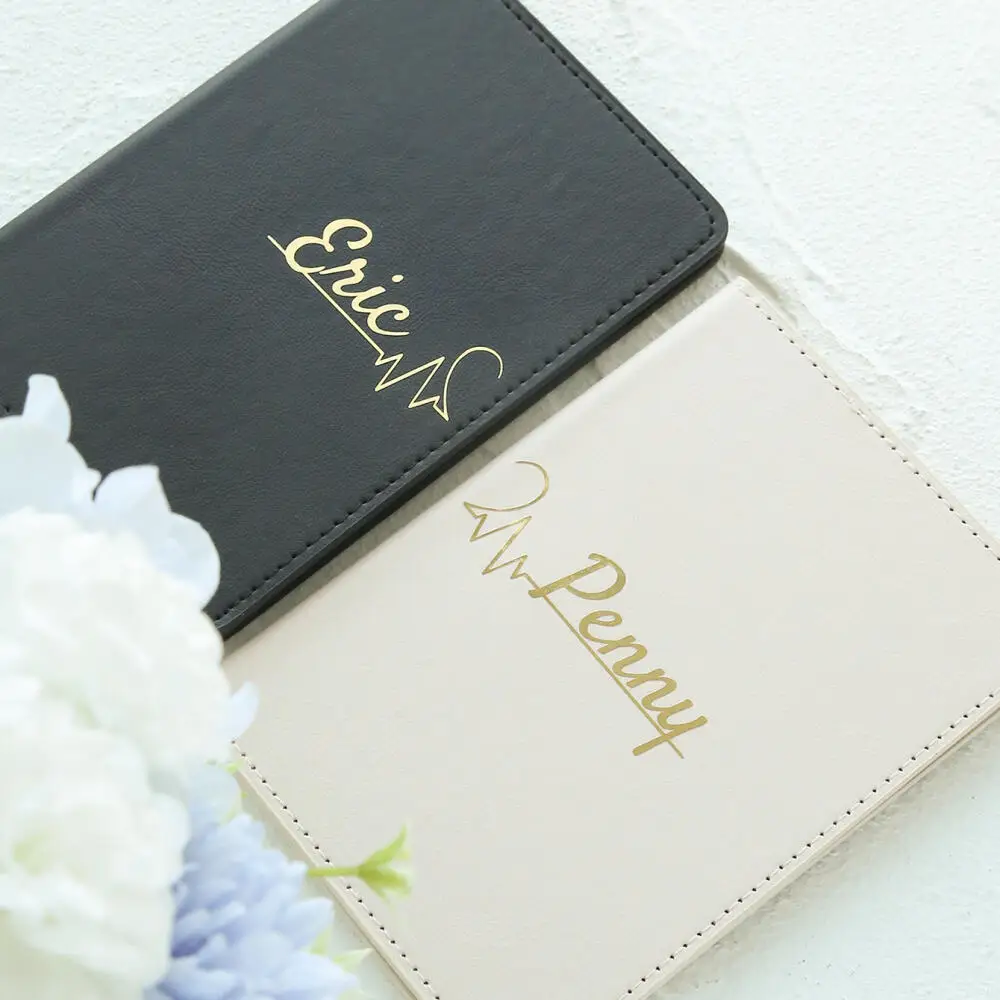 2Pcs Custom ECG Heartbeat Gold Foil Name Passport Cover Couple Travel Passport Holder Set ID Card Wallet Personalized Gift