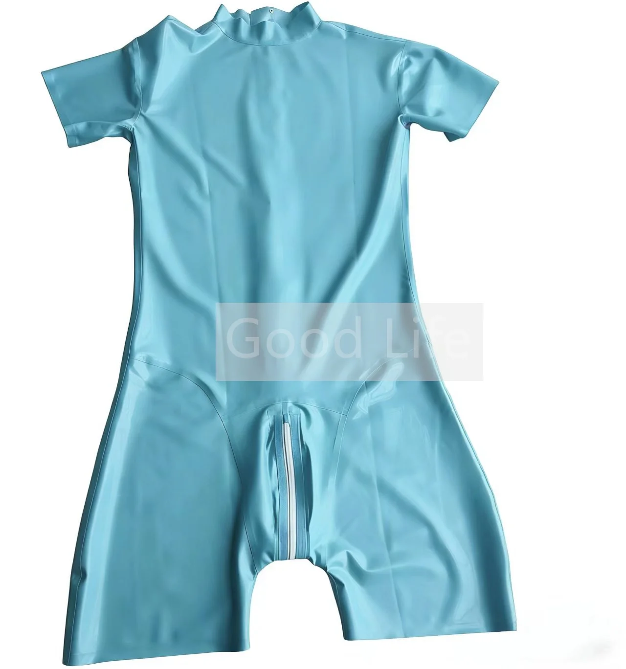 

Lake Blue Short Style Latex Men's Muscle Catsuit Back to Crotch Zip Gummi Latex Zentai Bodysuit 3D Crotch Halloween Cos Costume