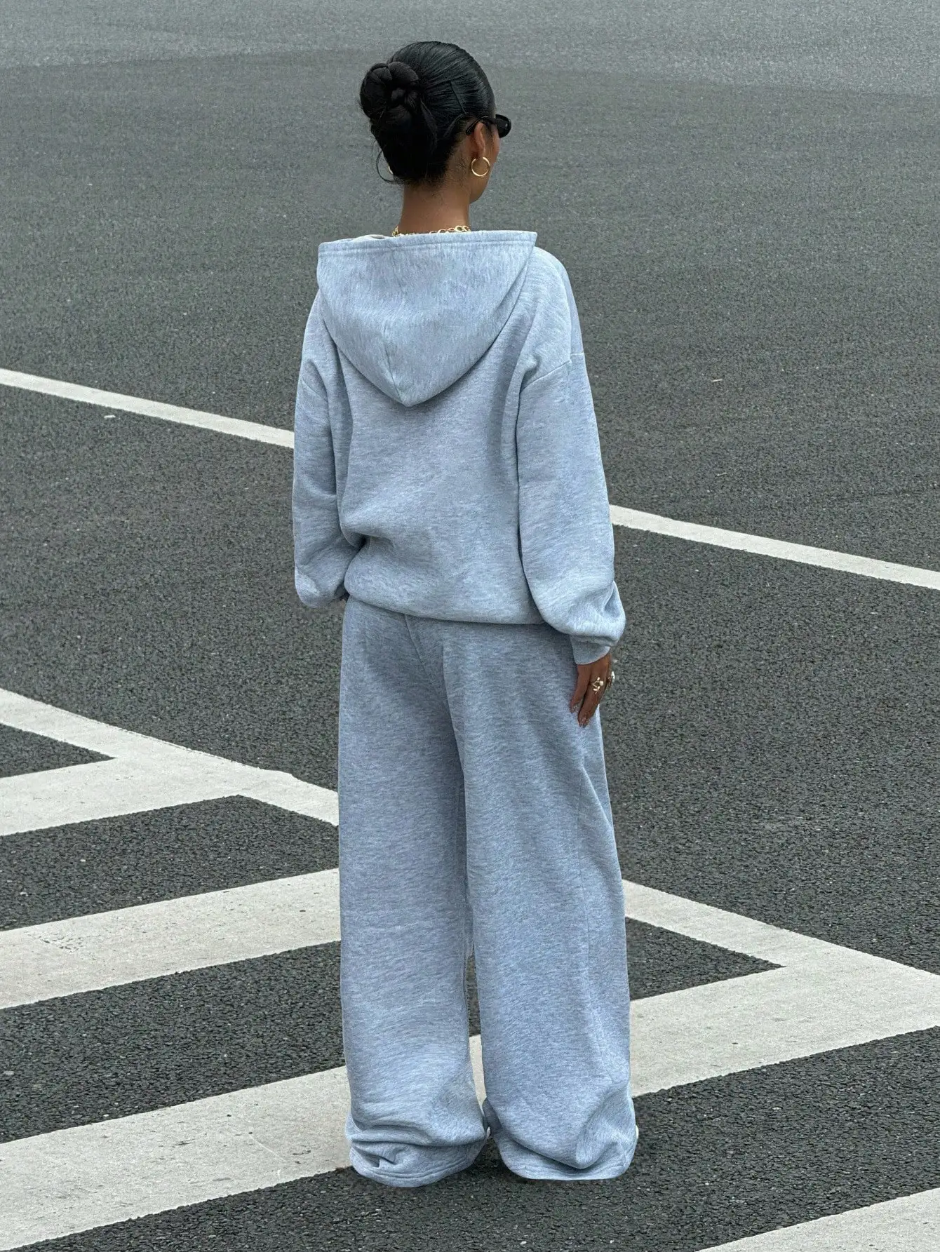 여성용 보온 후드티 & 스웨트팬츠 2피스 세트, 루즈핏, 캘리포니아 디자인, 그레이