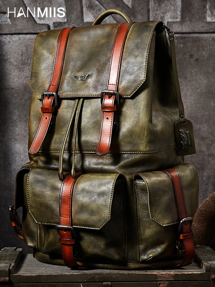 Men\'s Backpack Retro Full Leather Backpack Men Laptop Bag School Bag Men\'s Travel Backpacks Large-capacity First Layer Cowhide