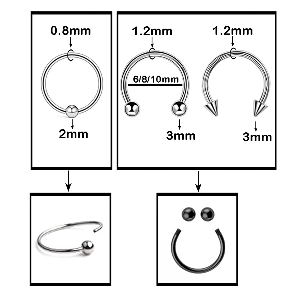 2&5Pcs/Pack 16G 20G Surgical Steel Helix Horseshoe Septum Nose Ring & Captive Bead Hoop Cartilage Stud Earrings Tragus Piercing