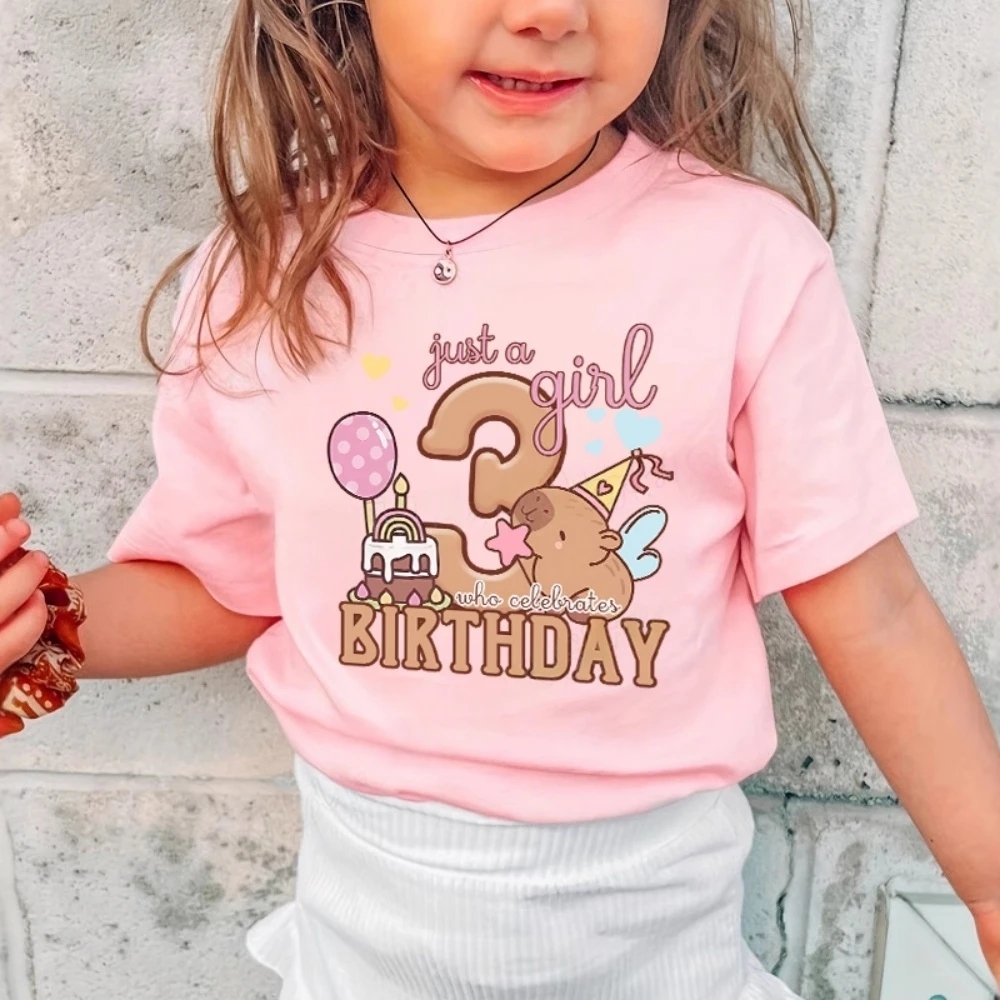 Capybara Girl Clothes 3-10Y Birthday Party Theme Short Sleeve Tops Loose Comfortable Kids T-Shirt Cute Gifts Children's Clothing
