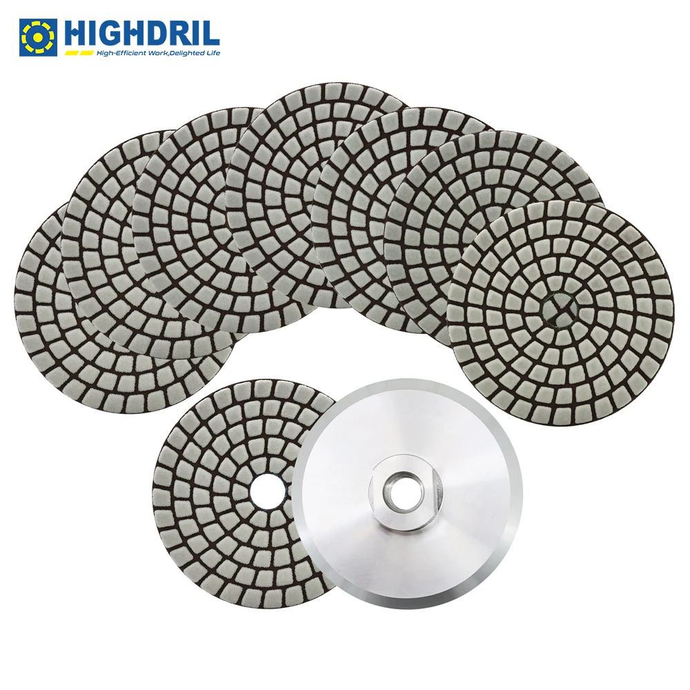 

HIGHDRIL 8pcs Dia100mm Diamond Dry Polishing Pad 5/8"-11 Thread Adapter Base For Marble Granite Ceramic Stone Polisher Grinder