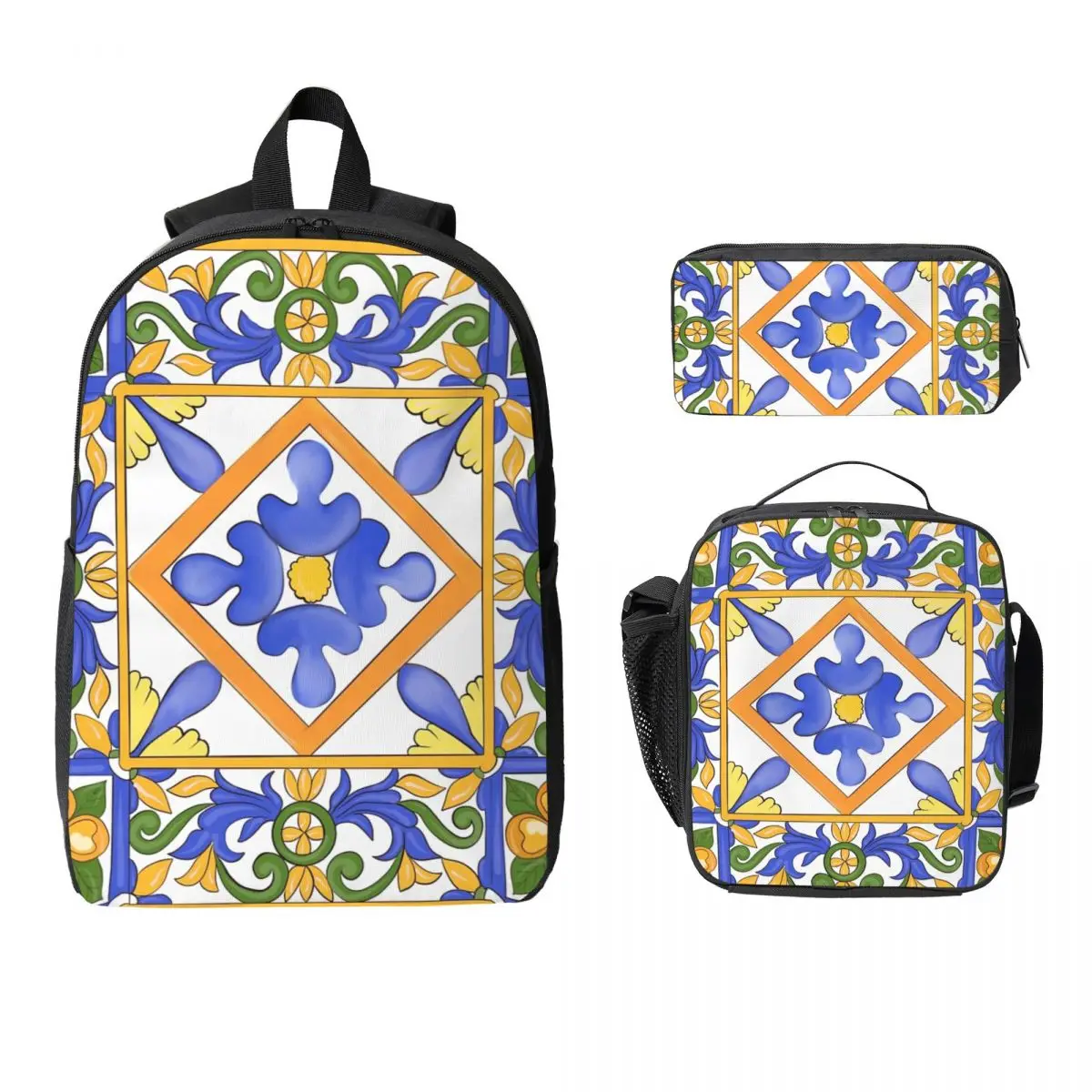 

Citrus,Sicilian Style Summer Decor Backpack Boys Girls BookBag School Bag Shoulder Bags 3ps Insulated Lunch Bag Pencil Case