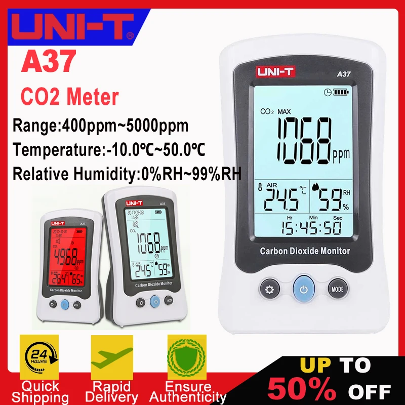 

UNI-T A37 CO2 Air Analyzer Quality Meter Carbon Dioxide Detector Temperature Humidity Monitor Infrared NDIR Time Display