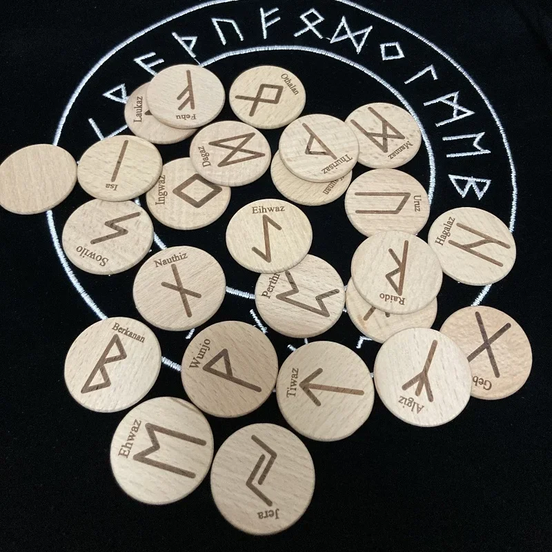 25pcs/set handmade wood Viking runes symbols beads Gypsy rune Divination sign wizard ritual Props with cloth bag