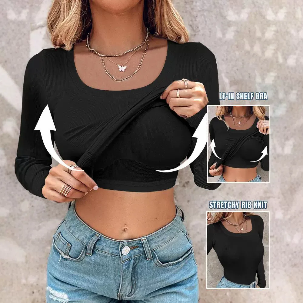 

Elegant Tops Women Clothes Sexy New Fashion 2024 Autumn Winte Casual T-Shirt U-Neck Built-In Bra Long Sleeve Ribbed Pullover