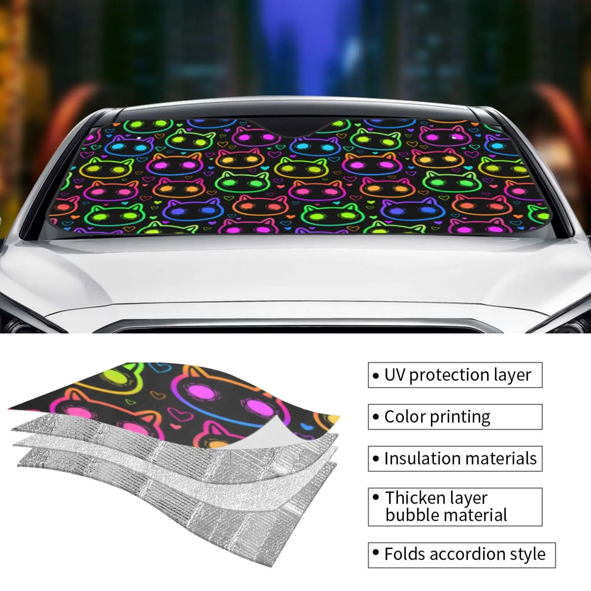 Neon Y2k kot kreskówkowy akcesoria do samochodowa osłona przeciwsłoneczna szyb dla mężczyzn kobiet osłona przeciwsłoneczna samochodu osłona przeciwsłoneczna do samochodu 130x2000 cm/140x76cm