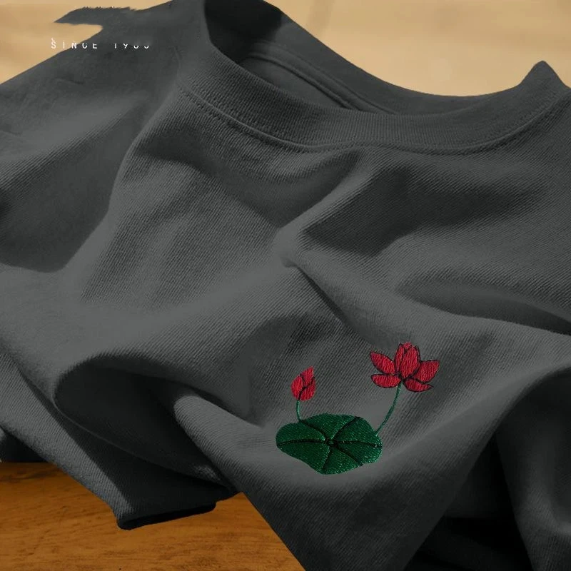 Lotus Embroidered Oversized Crew Neck T Shirt Unisex Heavyweight Cotton Top