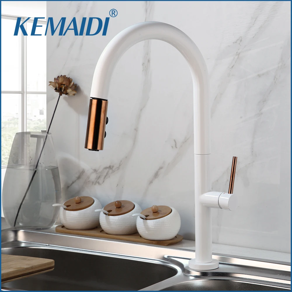 

KEMAIDI White Kitchen Faucet with Pull Down Sprayer Single Handle Pull Out Kitchen Sink Faucet Commercial Faucets Hot Cold Water