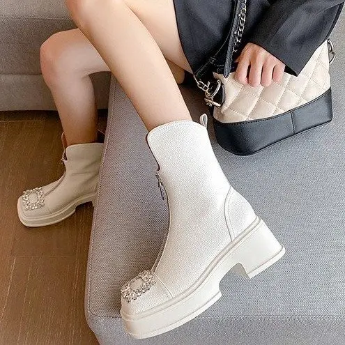 Spring Autumn Female Ankle Boots Fashion Classic British Style Thick Bottom Luxury Women\'s Boots Rhinestones Shoes for Women