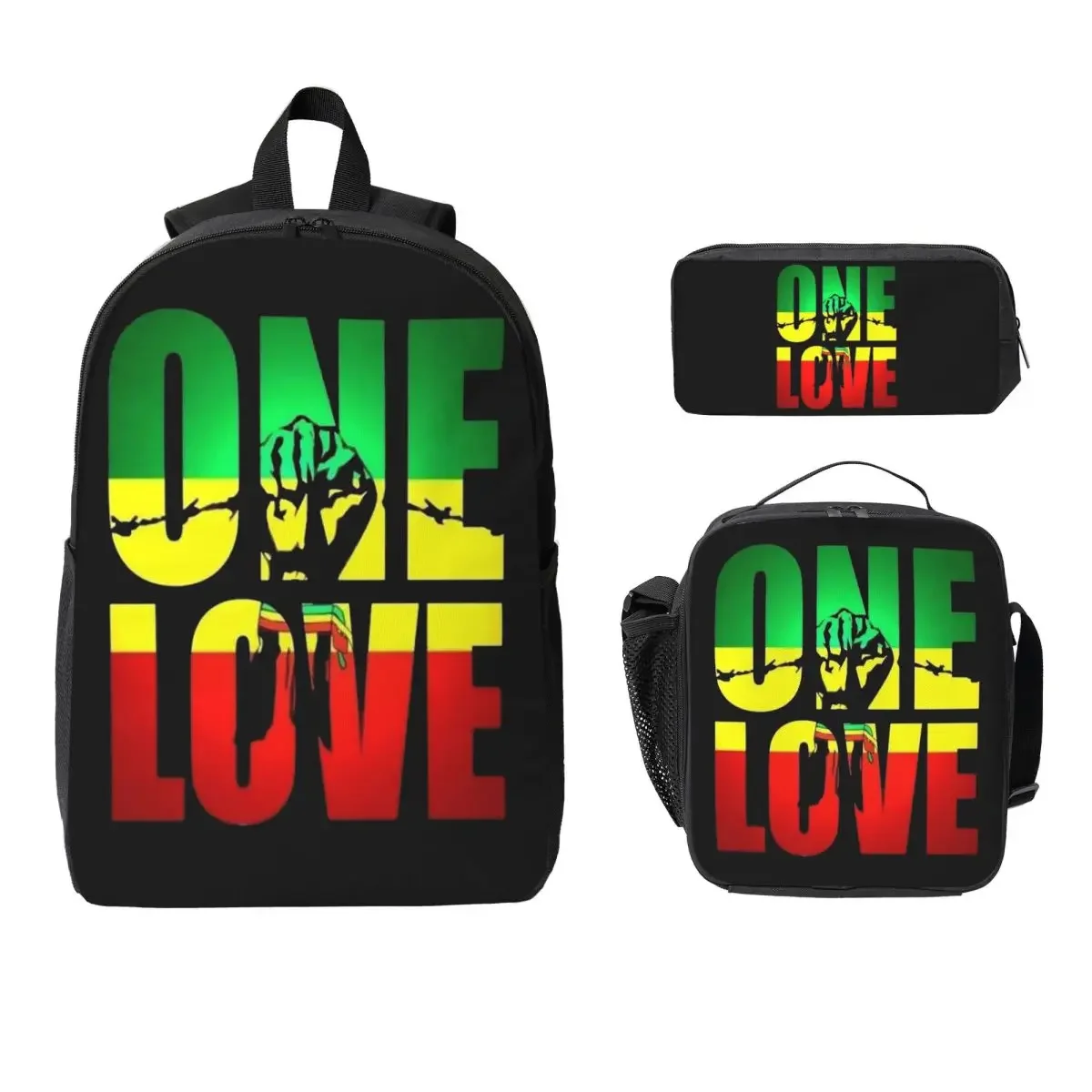 Harajuku Vintage Style Arts Bob Marley One Love Backpack BookBag School Bag Shoulder Bags 3ps Insulated Lunch Bag Pencil Case
