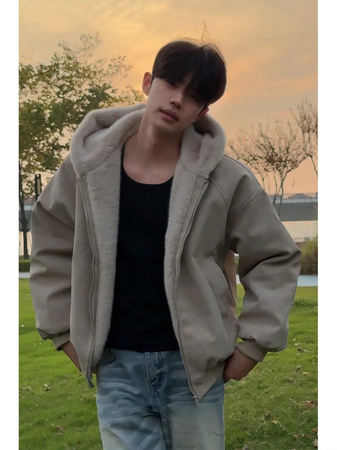 

Retro American Hooded Thiened Cotton Jaet Men's Winter Fce Lined Warmth Retention Fur Leather Inteated Outerwear