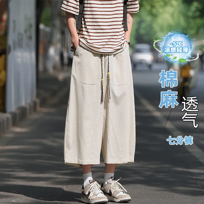 

Summer Casual Pants Men Black Wide Leg Pants Men Japanese Streetwear Hip-hop Loose Cotton Linen Pants Mens Cropped Trousers