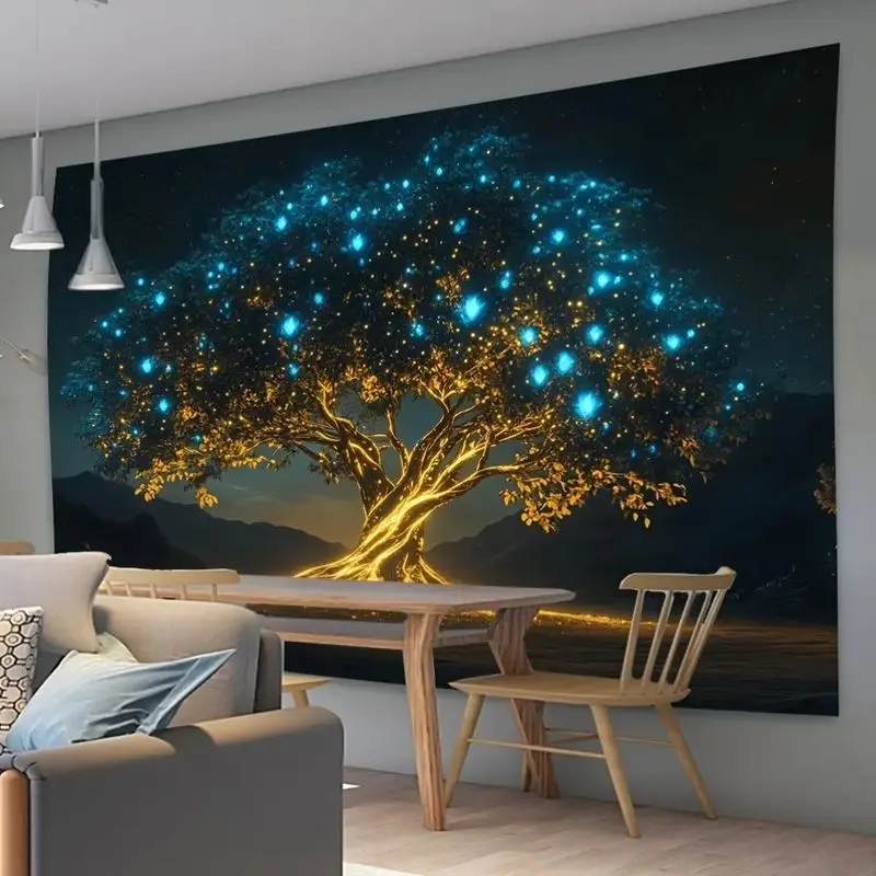 VIKAMA Luminous Tree of Life Tapestry, Glowing Nature Wall Hanging, Aesthetic Bedroom Yoga Room Home Decor