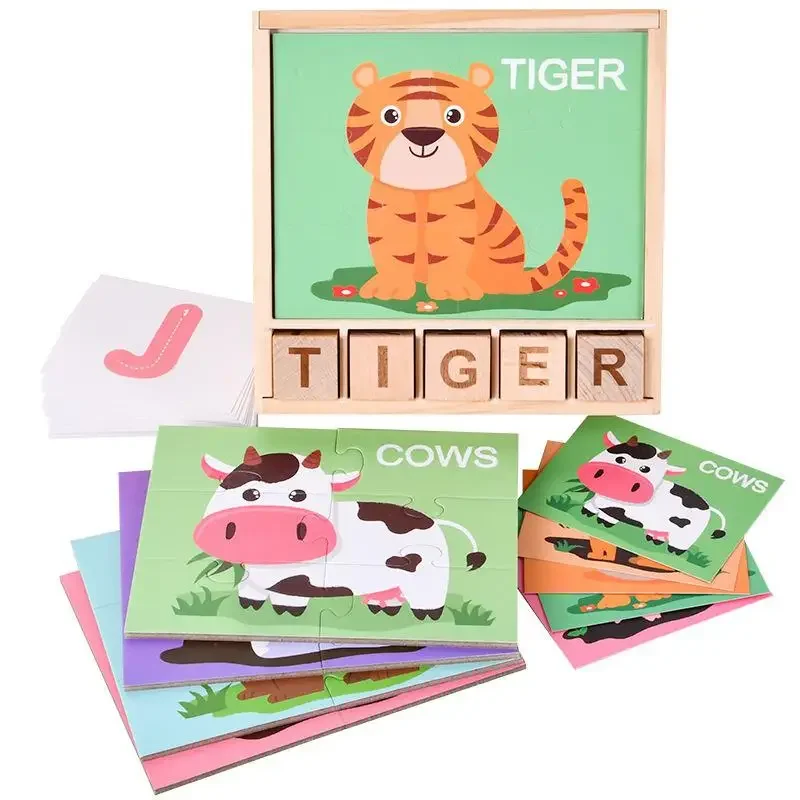 Wooden Toys Spelling Words Game Letter Cognition Cartoon Puzzle  Early Learning Educational Toy Teaching Aids Gifts 
