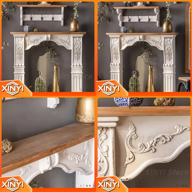 European Vintage Embossed Mantel Cabinet for Fake Fireplace Decorative Display Living Room Mini Arch Distressed French Style