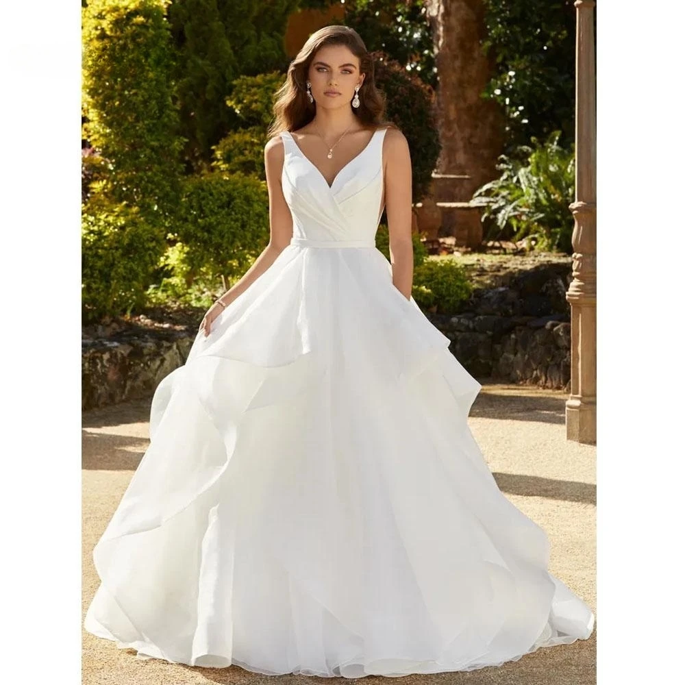 Simple Wedding Dress For Women V-Neck Backless Bridal Gowns A-Line Sleeveless Vestidos De Novia