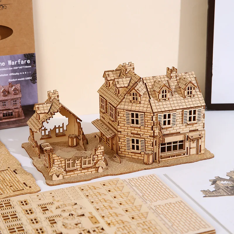 DIY 3D Puzzle Wooden Miniature Building Kit War Zone 1942 Lane Warfare House Jigsaw Puzzle Toys for Children Birthday Gifts