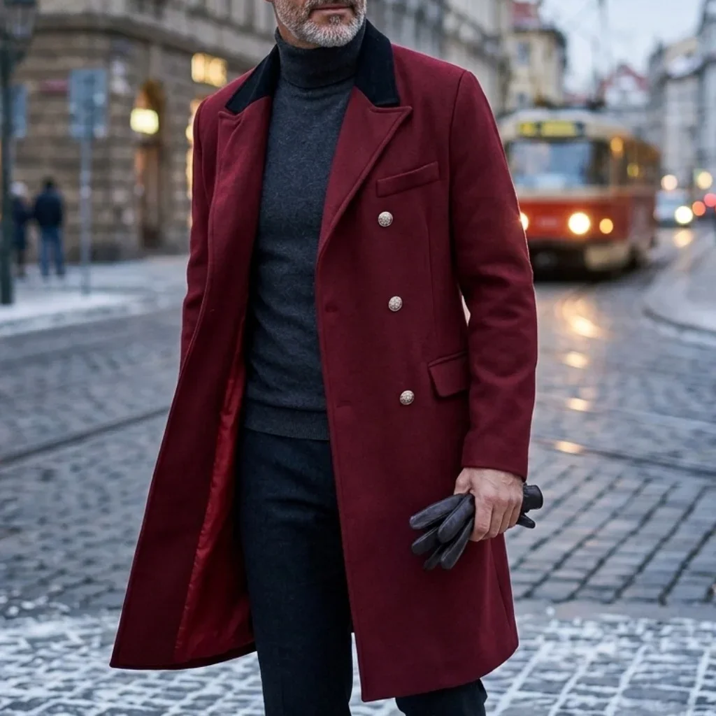Neuer Winter-Herren-Doppelreihiger Trenchcoat mit Kontrastfarben-Design, Casual/Streetwear, Mehrere Taschen, Warme Winddichte Jacke – Detail 2