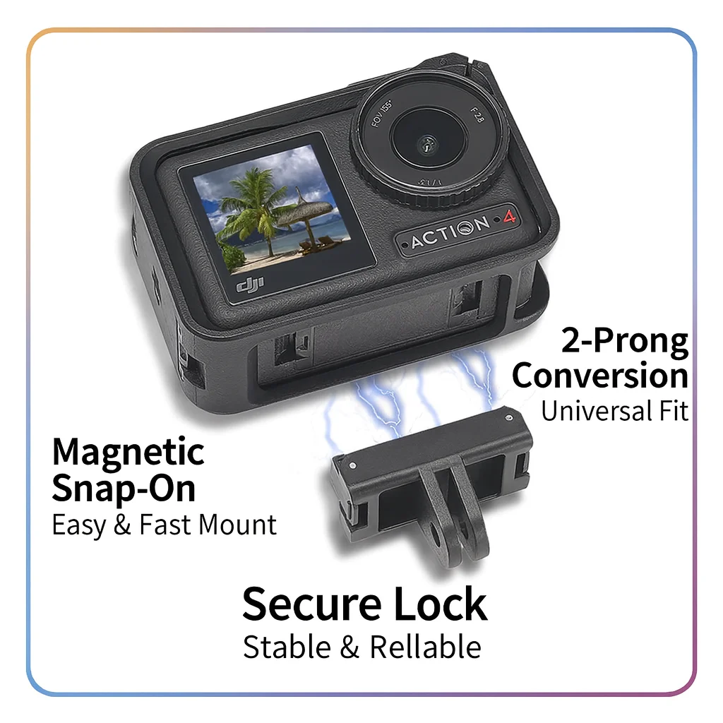 Magnetic Quick Release Conversion Base For DJI Action 5 Pro 4 3 Easy Install 2 Prong Mount With Secure Lock Holder
