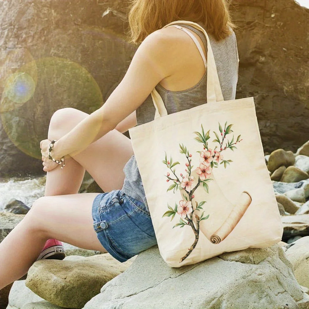 1pc, Blossoming Branch Canvas Tote Bag Reusable Grocery Bags, Stylish Shopping Bag for Daily Use, Commuting, School, Grocery Tot