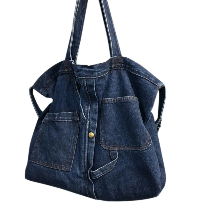 New Net Red Denim Shoulder Messenger Bag Casual Wild Portable Shopping Bag Canvas Tote Female Bag Navy