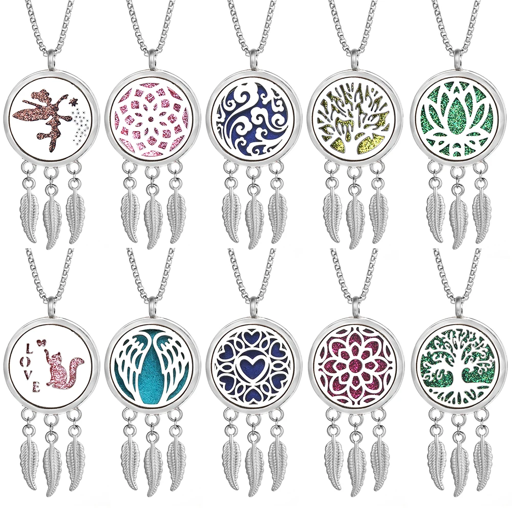 Neue Feder Quaste Anhänger Aroma therapie Halskette ätherisches Öl Parfüm Medaillon Diffusor Baum des Lebens Edelstahl Schmuck Geschenk