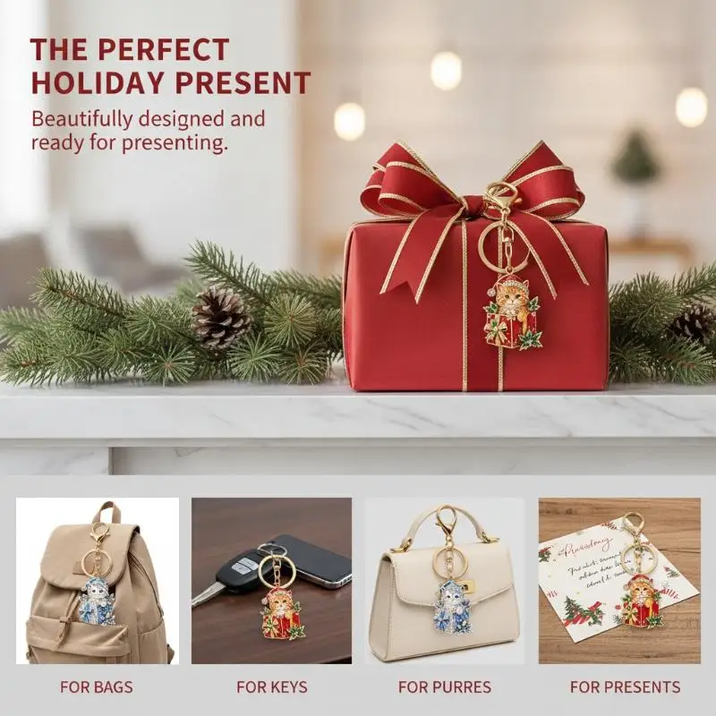2-farbiger, modischer, süßer Weihnachtsgeschenkbox-Katzen-Schlüsselanhänger für Damen und Herren, Neujahrs-Schlüsselanhänger, Schmuckgeschenke – Detail 16