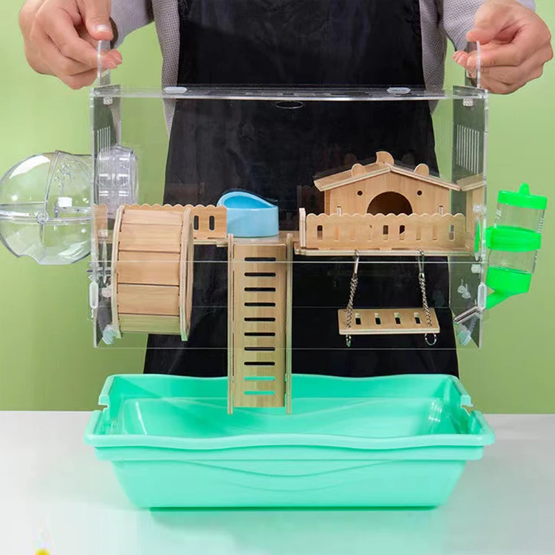 Acrylic Hamster House Cage Assemble Double-layer Wood Plate Maze Including Exercise Wheel Hideout Swing Food Bowl Small Pet Toy