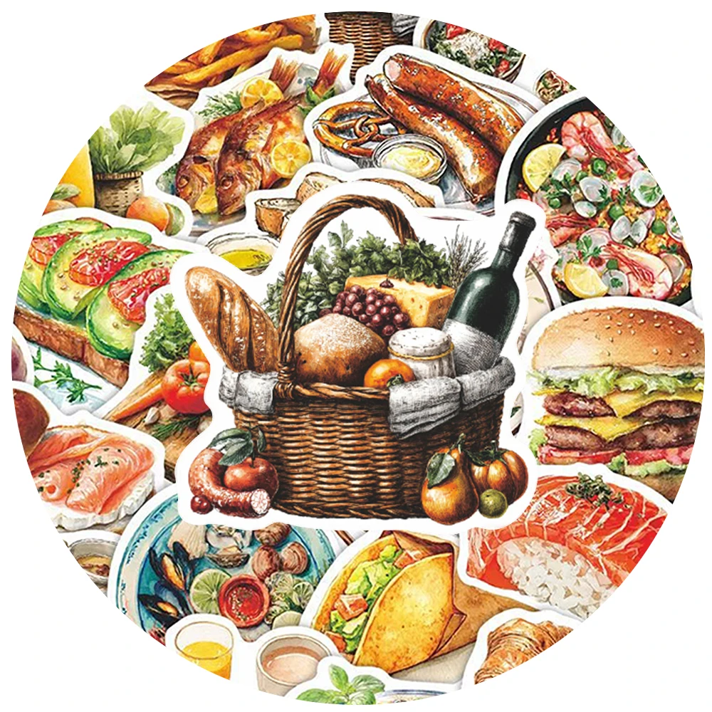 10/30/50pcs Delicious Realistic Food Dishes Stickers Cartoon Beef Salmon Bread Sticker Fridge Phone Water Bottle Decals Packing