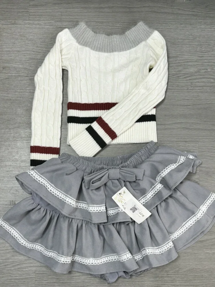 Retro College Style Gray Knit 2 Piece Set Women Sweet High Street Skirts Sets Female Off Shoulder Sweater + Bow Mini Skirt Suit