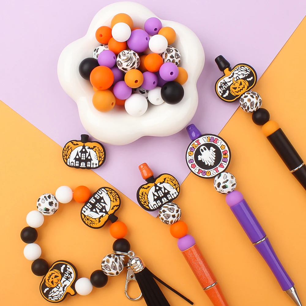 57pcs Halloween Series Silicone Focus Beads Cartoon Silicone Bead DIY Necklace Pacifier Chain Making Pen Accessories