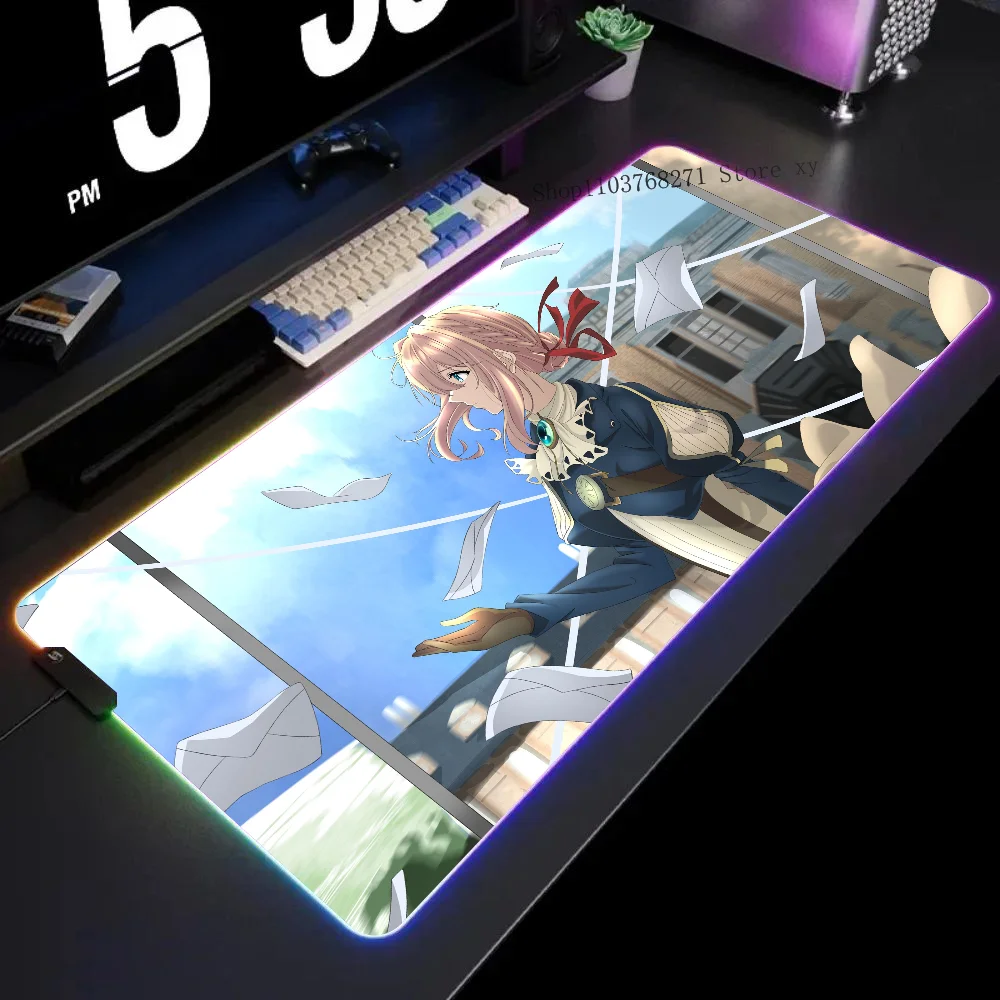 Violet Evergarden Anime Girl Mousepad XXL RGB Gaming Mouse Pads HD Black Gamer Accessories Large LED