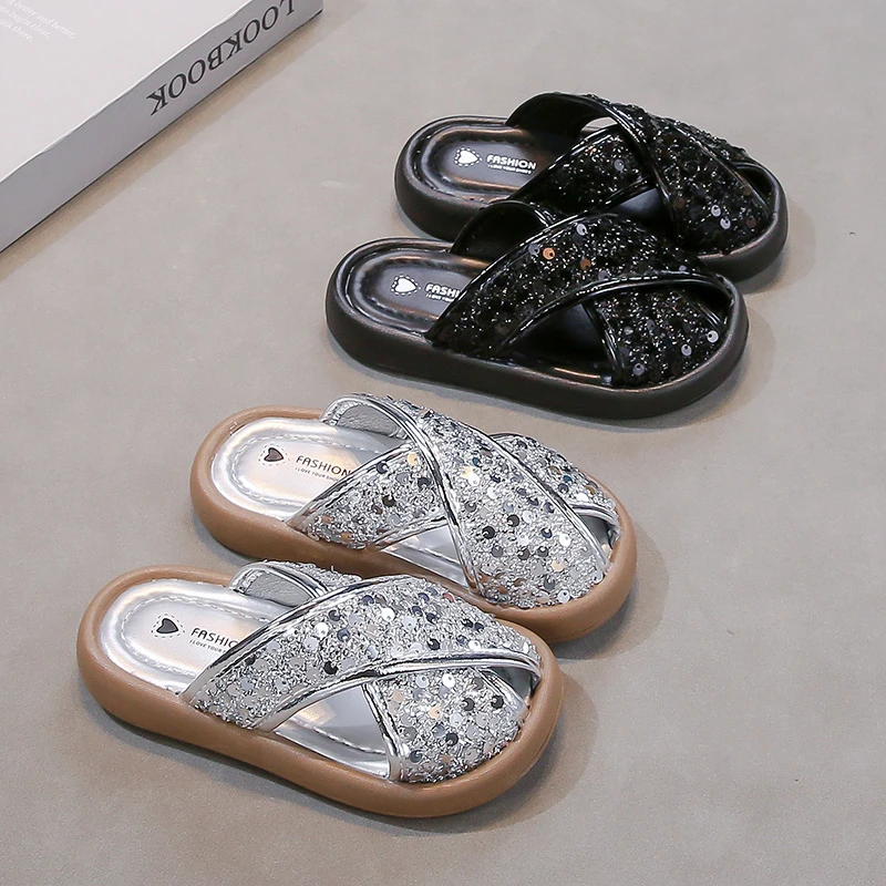 

Детские шлепанцы с блестками и пайетками для девочек, нескользящие, с открытым носком, модные летние сандалии-принцессы на мягкой подошве