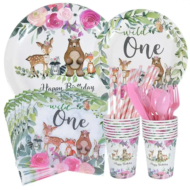 

Disposable Pink Dinner Plates for Baby Girls, Wild One Forest Animals Theme Party Tableware, 1st First Birthday Celebration