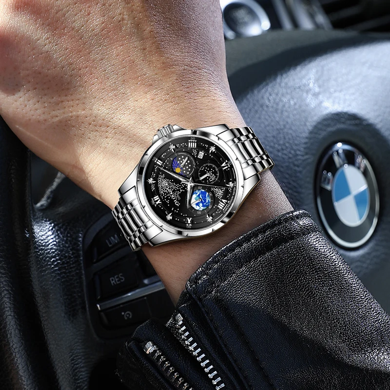 GUANQIN Luxury Men Quartz Watch Star Series Stainless Steel Alloy Case Date Business Leisure 30M Waterproof Luminous Wristwatch