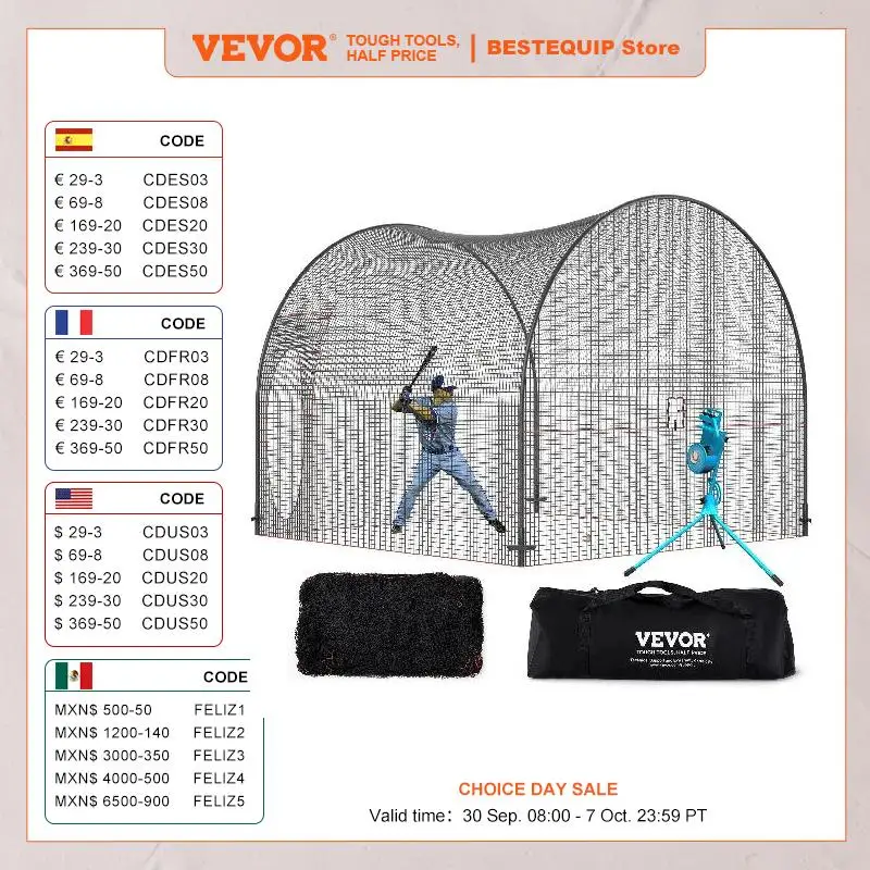 VEVOR-Gaiola de rebatidas portátil de beisebol, rede com bolsa de transporte, resistente, fechada, pitching, treinamento do quintal, 12 pés, 22 pés, 33 pés, 40 pés