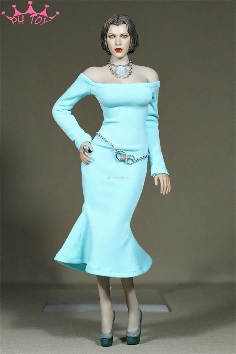 1/6 Scale Blue Flared Knee Length Skirt Lady Banquet Dress Clothes Model for 12in Phicen Tbleague Action Figure Toys